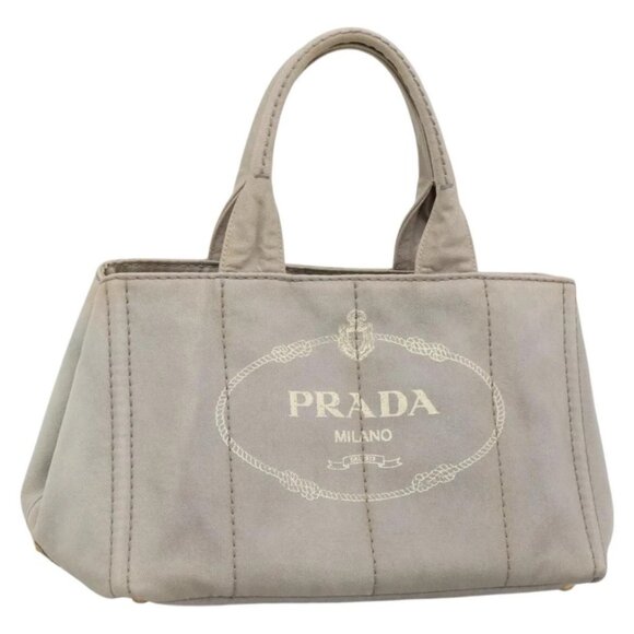 PRADA Canapa MM Hand Bag Canvas Gray Gold - Picture 1 of 16